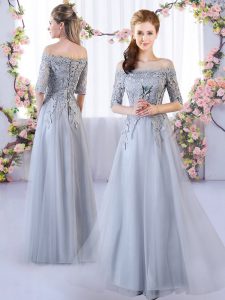Grey Empire Off The Shoulder Half Sleeves Tulle Floor Length Lace Up Appliques Dama Dress