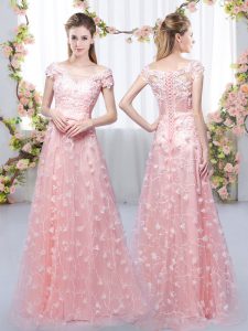 Pink Empire Off The Shoulder Cap Sleeves Tulle Floor Length Lace Up Appliques Court Dresses for Sweet 16