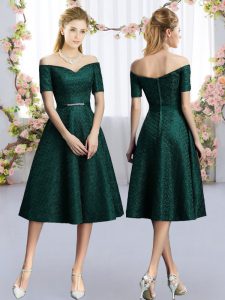 Charming Dark Green A-line Lace Off The Shoulder Short Sleeves Belt Tea Length Dama Dress