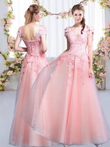 Chic Floor Length Lace Up Quinceanera Court Dresses Pink for Prom and Party and Wedding Party with Beading and Appliques