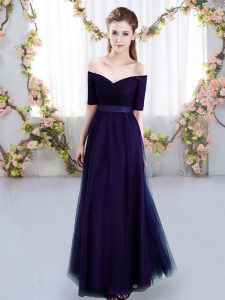Enchanting Floor Length Purple Damas Dress Off The Shoulder Short Sleeves Lace Up
