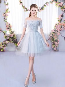High End Off The Shoulder Short Sleeves Lace Up Court Dresses for Sweet 16 Grey Tulle