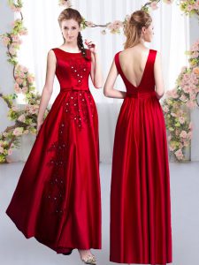 Wonderful Floor Length Red Dama Dress for Quinceanera Satin Sleeveless Beading and Appliques