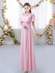 High Class Short Sleeves Floor Length Appliques Zipper Quinceanera Dama Dress with Rose Pink
