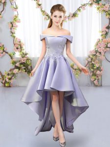 Adorable Lavender A-line Appliques Court Dresses for Sweet 16 Lace Up Satin Sleeveless High Low