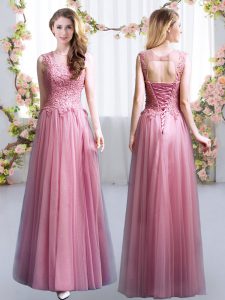 Nice Pink Sleeveless Tulle Lace Up Court Dresses for Sweet 16 for Prom and Party and Wedding Party
