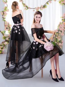 Unique Black A-line Appliques Quinceanera Dama Dress Tulle Short Sleeves High Low