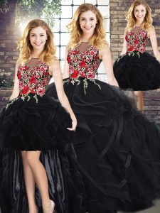 Floor Length Zipper Sweet 16 Dress Black for Military Ball and Sweet 16 and Quinceanera with Embroidery and Ruffles