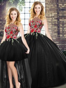 Floor Length Black Quinceanera Gown Sleeveless Embroidery