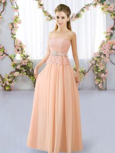 Extravagant Sleeveless Chiffon Floor Length Lace Up Court Dresses for Sweet 16 in Peach with Lace and Belt