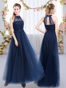 Navy Blue Tulle Lace Up High-neck Sleeveless Floor Length Court Dresses for Sweet 16 Appliques