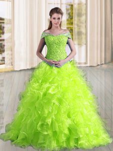 Yellow Green Off The Shoulder Lace Up Beading and Lace and Ruffles Quinceanera Dresses Sweep Train Sleeveless
