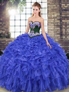 Graceful Embroidery and Ruffles Quinceanera Dresses Royal Blue Lace Up Sleeveless Sweep Train
