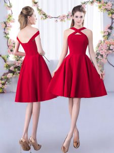 Red A-line Straps Sleeveless Satin Knee Length Zipper Ruching Quinceanera Dama Dress