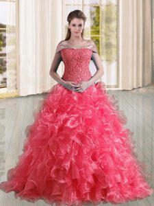 Off The Shoulder Sleeveless Sweep Train Lace Up Sweet 16 Dresses Coral Red Organza