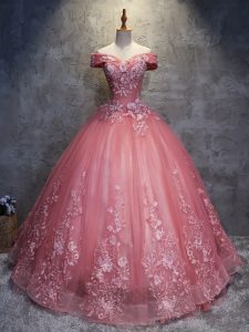 Luxurious Floor Length Lace Up Sweet 16 Dress Watermelon Red for Military Ball and Sweet 16 and Quinceanera with Appliques