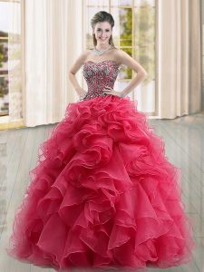 Custom Made Beading and Ruffles Quinceanera Dress Coral Red Lace Up Sleeveless Floor Length