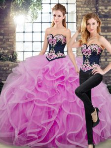 Modern Sleeveless Floor Length Embroidery and Ruffles Lace Up 15th Birthday Dress with Lilac Sweep Train