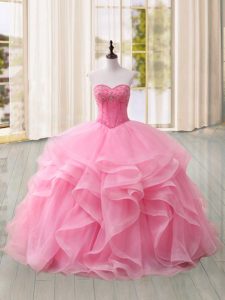 Pink Sleeveless Sweep Train Beading and Ruffles Quinceanera Gowns