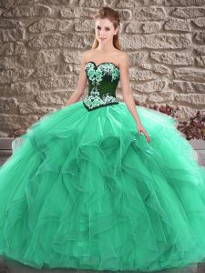 Artistic Turquoise Ball Gowns Beading and Embroidery Quinceanera Gown Lace Up Tulle Sleeveless Floor Length