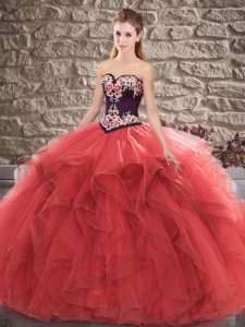 Fashion Red Sleeveless Floor Length Beading and Embroidery Lace Up Quince Ball Gowns