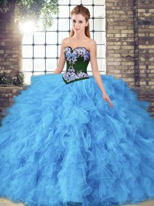 Luxurious Baby Blue Tulle Lace Up Sweetheart Sleeveless Floor Length Sweet 16 Quinceanera Dress Beading and Embroidery