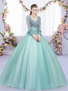 Floor Length Apple Green Sweet 16 Quinceanera Dress V-neck Long Sleeves Lace Up