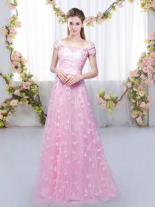 Stunning Rose Pink Off The Shoulder Lace Up Appliques Quinceanera Court of Honor Dress Cap Sleeves