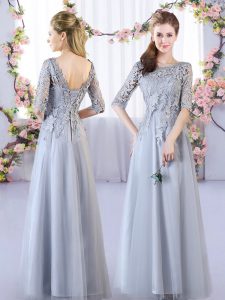 Glamorous Grey Tulle Lace Up Scoop Half Sleeves Floor Length Dama Dress Lace