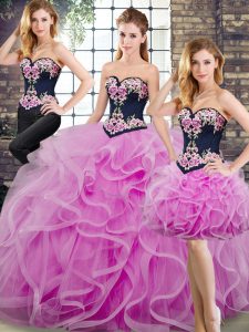 Flare Lilac Sleeveless Sweep Train Beading and Embroidery and Ruffles Quinceanera Gown