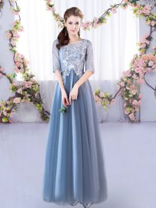 Cute Blue Scoop Neckline Lace Court Dresses for Sweet 16 Half Sleeves Lace Up