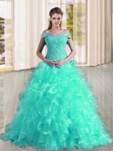 Cheap A-line Sleeveless Turquoise Sweet 16 Dress Sweep Train Lace Up