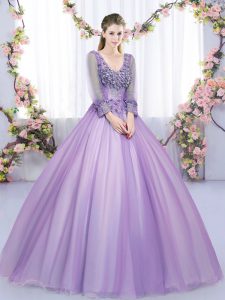 Lavender Ball Gowns Lace and Appliques Quinceanera Gown Zipper Tulle Long Sleeves Floor Length