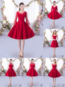 Amazing Red Zipper Scoop Ruching Damas Dress Satin 3 4 Length Sleeve