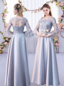 Silver Quinceanera Dama Dress Prom and Party and Wedding Party with Lace Scoop 3 4 Length Sleeve Lace Up