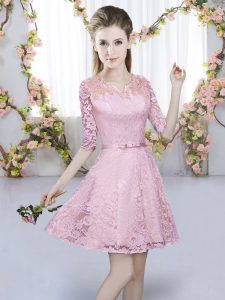 Delicate V-neck Half Sleeves Quinceanera Court of Honor Dress Mini Length Belt Pink Lace