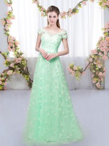 Empire Court Dresses for Sweet 16 Apple Green Off The Shoulder Tulle Cap Sleeves Floor Length Lace Up