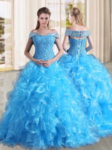 Sumptuous Baby Blue Sweet 16 Quinceanera Dress Organza Sweep Train Sleeveless Beading and Lace and Ruffles