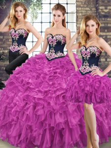 Decent Floor Length Fuchsia Sweet 16 Dress Organza Sleeveless Embroidery and Ruffles