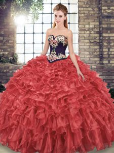 Red Sweetheart Lace Up Embroidery and Ruffles Sweet 16 Dresses Sweep Train Sleeveless