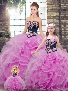 Extravagant Lilac Tulle Lace Up Sweetheart Sleeveless Quinceanera Gown Sweep Train Embroidery and Ruffles