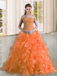 Free and Easy Off The Shoulder Sleeveless Organza Sweet 16 Quinceanera Dress Beading and Lace and Ruffles Sweep Train Lace Up