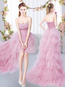 A-line Dama Dress Pink Sweetheart Tulle Sleeveless High Low Lace Up