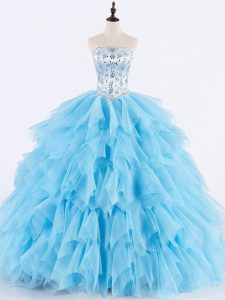 Sexy Baby Blue Ball Gowns Sweetheart Sleeveless Tulle Floor Length Lace Up Beading and Ruffles Ball Gown Prom Dress