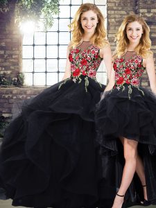 Colorful Black Sleeveless Floor Length Beading and Embroidery Lace Up Quince Ball Gowns