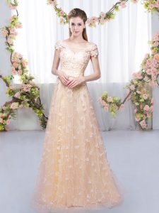 Custom Designed Empire Quinceanera Court Dresses Peach Off The Shoulder Tulle Cap Sleeves Floor Length Lace Up