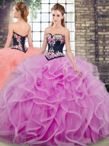 Lilac Lace Up Sweetheart Embroidery and Ruffles Sweet 16 Dress Tulle Sleeveless Sweep Train