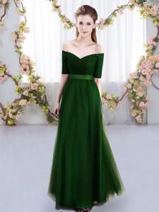 Green Empire Tulle Off The Shoulder Short Sleeves Ruching Floor Length Lace Up Quinceanera Court Dresses