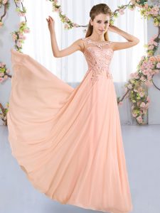 Floor Length Lace Up Dama Dress for Quinceanera Peach for Prom and Party and Wedding Party with Lace