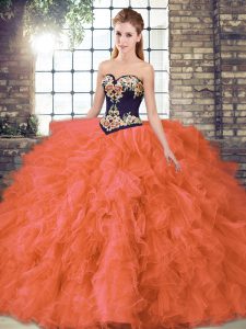 Fine Floor Length Orange Red Ball Gown Prom Dress Organza Sleeveless Beading and Embroidery
